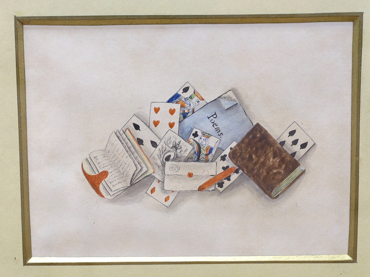 19th century English School, ink and wash, Cottage exterior together with a watercolour, still life study with playing cards, largest 8.5 x 11.5cm
